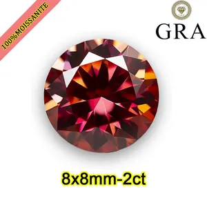 Vue détaillée d'une pierre gemme moissanite rouge brillante de 8 mm 2 ct de taille ronde