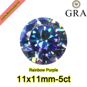 Detailed view of a 5ct rainbow purple moissanite stone featuring a brilliant round cut