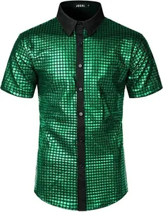 Vista frontale camicia da uomo con paillettes verdi per costume da festa disco anni 70
