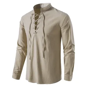 Detailed view of beige men's cotton linen Henley shirt with front lace-up and stand collar