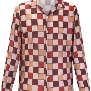 Camisa disco retro de los años 70 para hombre con estampado de cuadros tonos cálidos