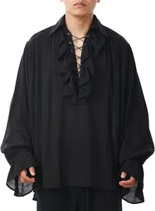 Detailed view of black medieval ruffled shirt with lace-up front and puffy sleeves