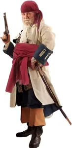 Detailed view of red pirate headscarf and waist sash accessory on a costume model