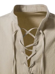 Close-up detail of men's khaki cotton linen Henley shirt with lace-up neckline design