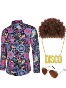Conjunto completo de 4 piezas disfraz hippie disco años 70 hombre con camisa floral, peluca y collar