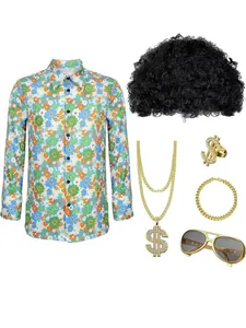 Conjunto de disfraz disco de los años 70 con camisa de flores y accesorios dorados