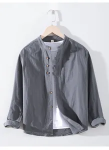 Chemise en lin grise de style chinois pour homme avec col montant et boutons traditionnels