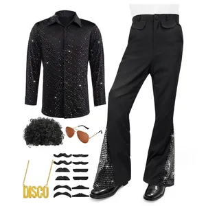 70er Jahre Disco Kostüm Set für Herren mit Paillettenhemd, Schlaghose und Zubehör