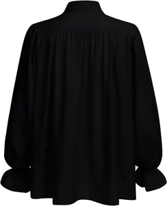 Back view of men's medieval retro shirt with ruffled puffy sleeves in black color