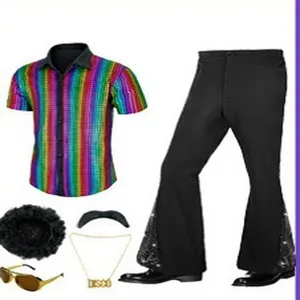 Set completo de disfraz de disco de los 70 para hombre con camisa arcoíris y accesorios.