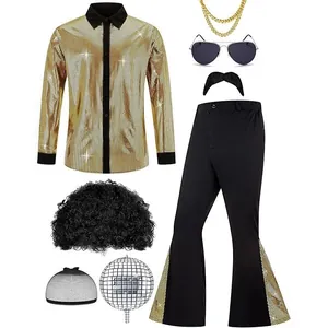 Komplettes 70er-Jahre Disco Kostüm Set für Herren mit Paillettenhemd und Zubehör.