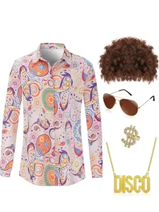 Set de disfraz de hippie disco de los 70 para hombre con camisa floral y peluca