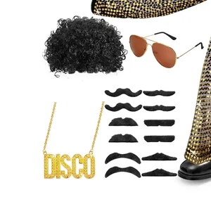 Retro 70er Jahre Disco Kostüm Set für Herren mit Afro Perücke, Sonnenbrille und Halskette
