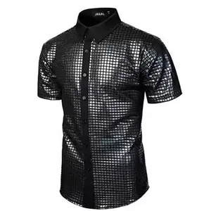 Camicia da uomo con paillettes nere lucide per festa disco anni '70 e cosplay nero