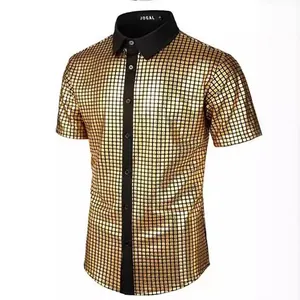 Camicia da uomo con paillettes dorate per feste disco anni '70 e cosplay