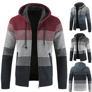 Herren schwere Kapuzenstrickjacke mit Fleecefutter und gestreiften Farbblock-Design