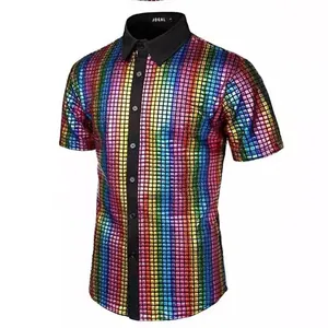 Camicia con paillettes arcobaleno da uomo per feste disco anni '70 e cosplay