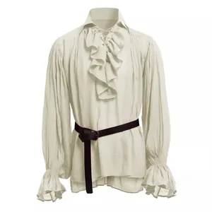 Professional vintage medieval men's shirt featuring ruffled sleeves and lace-up front detail