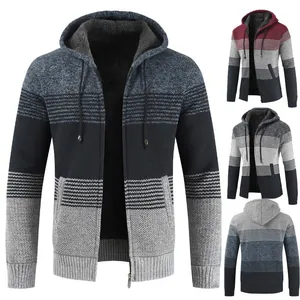 Herren Kapuzenstrickjacke mit Fleecefutter, dickes Winter-Design mit Farbblock-Muster