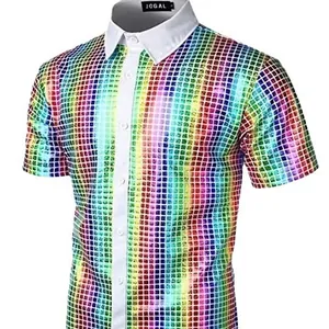 Camicia da uomo disco anni '70 con paillettes colorate e colletto bianco