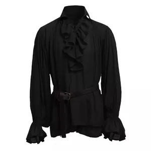 Men's black medieval pirate shirt with ruffles and puff sleeves for vintage costumes