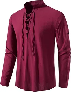 Close-up of burgundy cotton linen Henley shirt with lace-up V-neck and stand collar