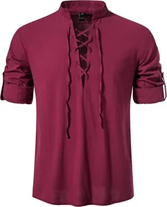 Close-up of men's burgundy cotton linen shirt with lace-up V-neck and stand collar