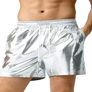 Men Metallic Shiny Faux Leather Shorts Elastic Drawstring Waist Casual Beach Party Clubwear Metallic Coating Fashion Shorts