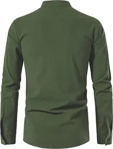 Back view of men's olive green cotton linen long sleeve shirt with stand collar.