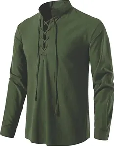 Detailed view of an army green men's cotton linen Henley shirt with a lace-up neck