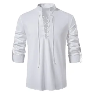 Close-up detail of white cotton linen Henley shirt featuring lace-up V-neck and stand collar