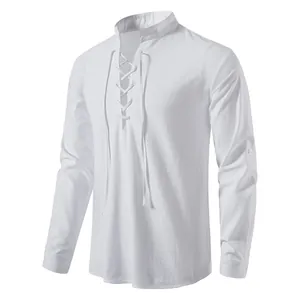 Detail of men's cotton linen Henley shirt showing lace-up front and stand collar