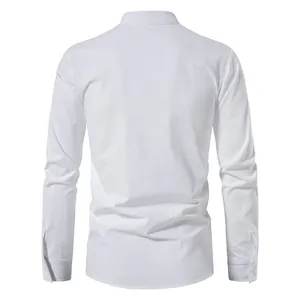 Back view of a white cotton linen long-sleeved stand collar Henley shirt for men