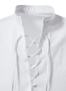 Detail view of white cotton linen Henley shirt featuring a lace-up V-neck design