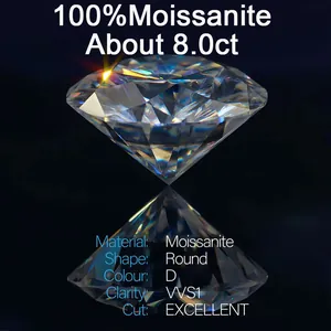 Detailed view of 8.0ct round brilliant cut moissanite with VVS1 clarity parameters
