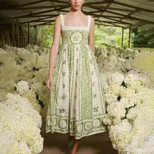 Elegant forest style floral midi dress with square neck and botanical print