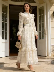 Elegant Retro Lace Maxi Dress For Women Lantern Sleeve High Waist Patchwork Long Sleeve Pink Blue Apricot Banquet Dress