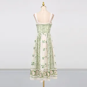Detailed back view of an elegant white and green floral printed strap midi dress.