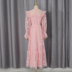 Back view of pink floral lace maxi dress with elegant lantern sleeves and waist belt