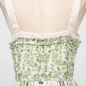 Detailed back view of a floral dress featuring a hidden zipper and pearl strap accents