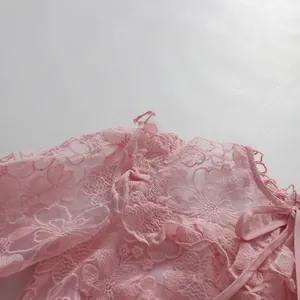 Close-up of elegant pink lace fabric featuring delicate floral patterns and ruffled edges.