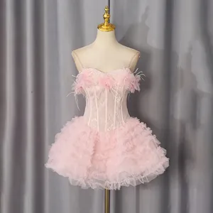 Elegante roze kanten korsetjurk met verenoppervlakte bloemen en een gelaagde tule rok