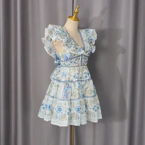 Vue détaillée d'une mini robe à imprimé floral vintage avec manches volantées et col V