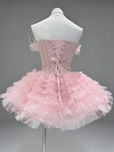 Elegante roze vetercorset tutu-jurk met gelaagde mesh ruches rok, achteraanzicht