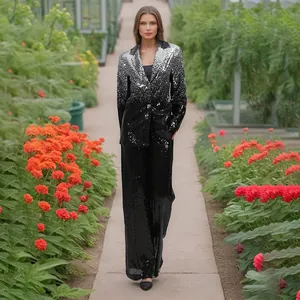Elegante conjunto de dos piezas para mujer con lentejuelas degradadas negro y plata lujo