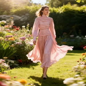 Elegante vestido maxi rosa plisado de manga larga en un jardín floreciente soleado
