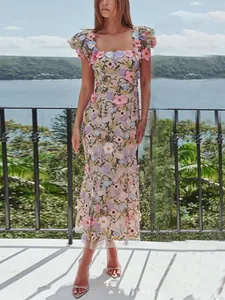 Frans Elegant Maxi Jurk Vierkante Hals 3D Bloemen Borduurwerk Bodycon Mesh Floral Slim Fit Feestjurk Voor Vrouwen