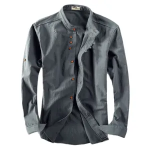 Chemise décontractée à manches longues en lin bleu gris pour homme avec col officier