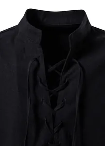 Detail shot of black cotton linen Henley shirt with lace-up neckline and stand collar.