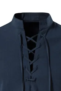 Close-up of navy blue cotton linen Henley shirt with lace-up collar detail.